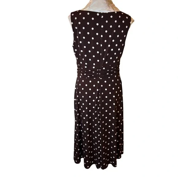 Y2K Jessica Howard Dress Brown White Polka Dot Sleeveless Midi Career Casual - Picture 2 of 16